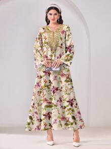 Al Najma 休闲简约全印花保守阿拉伯风格连衣裙，端庄 - 白色 - 查看 6