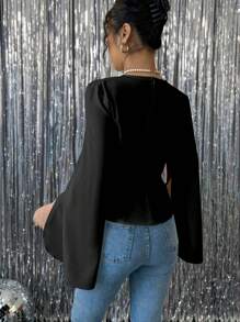 Chiquease Women Elegant Solid Color V-Neck Split Cuff Long Sleeve Wrap Blouse Fall Cloth For Women - Black - View 2