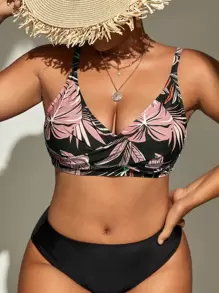 Swim Lushoire 1 件大码女式随机印花吊带背心单独时尚休闲海滩度假泳装上衣 - 藕粉色 - 查看 1