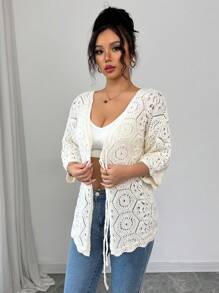 Elenzga Women's Summer Hollow Knitted Tie Front Cover Up, Casual Beach Cover Up