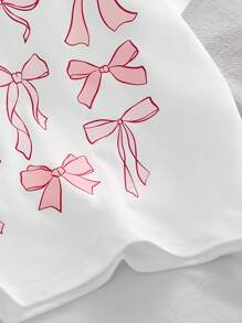 Genkimix Kids Young Girls Casual Cute Bowknot & Print Round Neck Short Sleeve T-Shirt, Versatile For Daily Wear, Summer - White - View 3