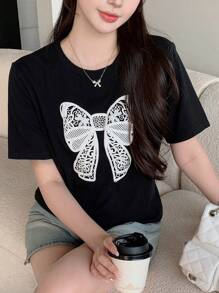 DAZY 女士夏季蝴蝶印花宽松短袖T恤带蝴蝶结可爱上衣、教师装
