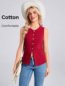 SHEIN LUNE Áo sơ mi Chaleco giản dị tối giản màu đỏ dành cho nữ - Đỏ - Xem 1