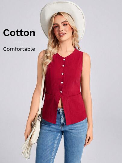 SHEIN LUNE 女士红色简约休闲日常 Chaleco 衬衫