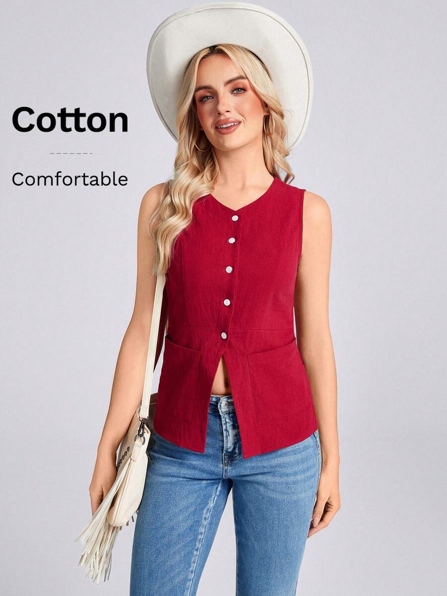 SHEIN LUNE Áo sơ mi Chaleco giản dị tối giản màu đỏ dành cho nữ - Đỏ - Xem 1