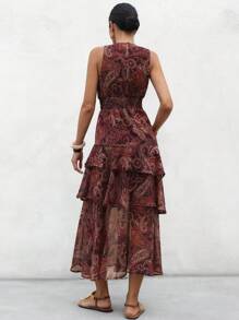 Aveloria Modichic Flowy Elegant Ruched Tiered Ruffled Paisley Chiffon Dress, Lined, Spring/Summer - Multicolor - View 3