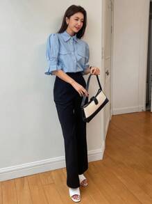 DAZY Flap Detail Puff Sleeve Shirt,Ruffle - Blue - View 5