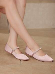 MOTF PREMIUM WOMEN ELEGANT FAUX PEARL BEADED SQUARE TOE FLATS SPRING SHOES SPRING BREAK EASTER - Baby Pink - View 7