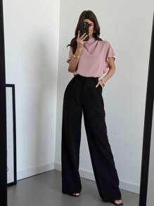 Firerie Women's Elegant Dusty Pink Ruffle Collar Blouse Summer Work Business Office Casual Wear Minimalist Daily Commute Teachers' Day Loose Fit Short Sleeve - Dusty Pink - View 6