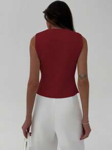 Aloruh Women Solid Color Sleeveless Metal Decor Minimalist Sweater, Suitable For Summer - Rose Red - View 2