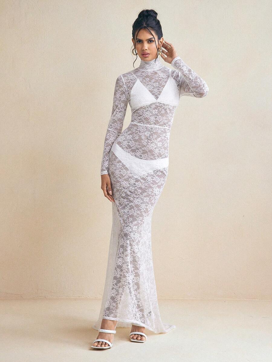 CHRISTIAN SPINELLI 设计师女士白色蕾丝透视性感立领尾派对长袖连衣裙晚礼服、演唱会服装、狂欢服装节日婚礼宾客优雅连衣裙度假连衣裙波西米亚风服装新娘送礼会礼服白色舞会礼服 - 白色 - 查看 1