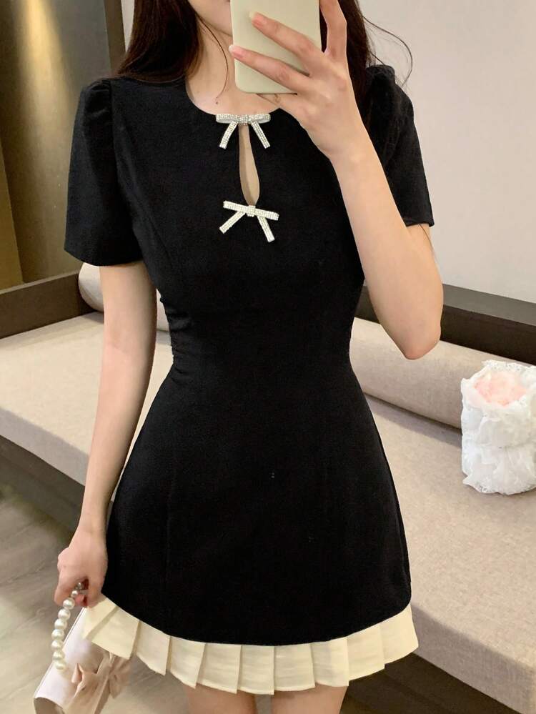 Women's Round Neck Bowknot Elegant Korean Style Party Mini Dress Summer Sundress,Fall Clothes Cocktail Dress