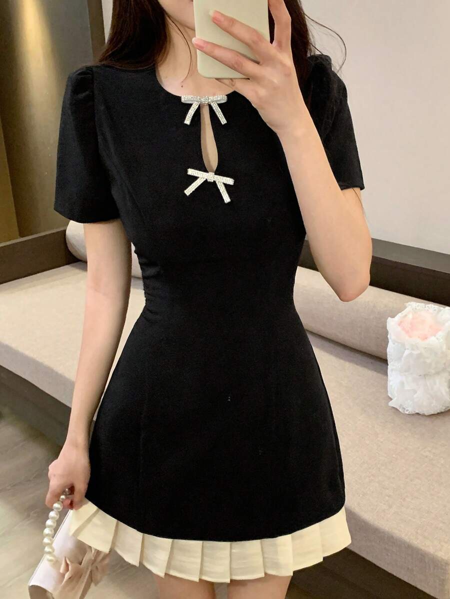 DAZY 女士圆领蝴蝶结优雅韩版风格派对迷你连衣裙夏季太阳裙、秋季服装