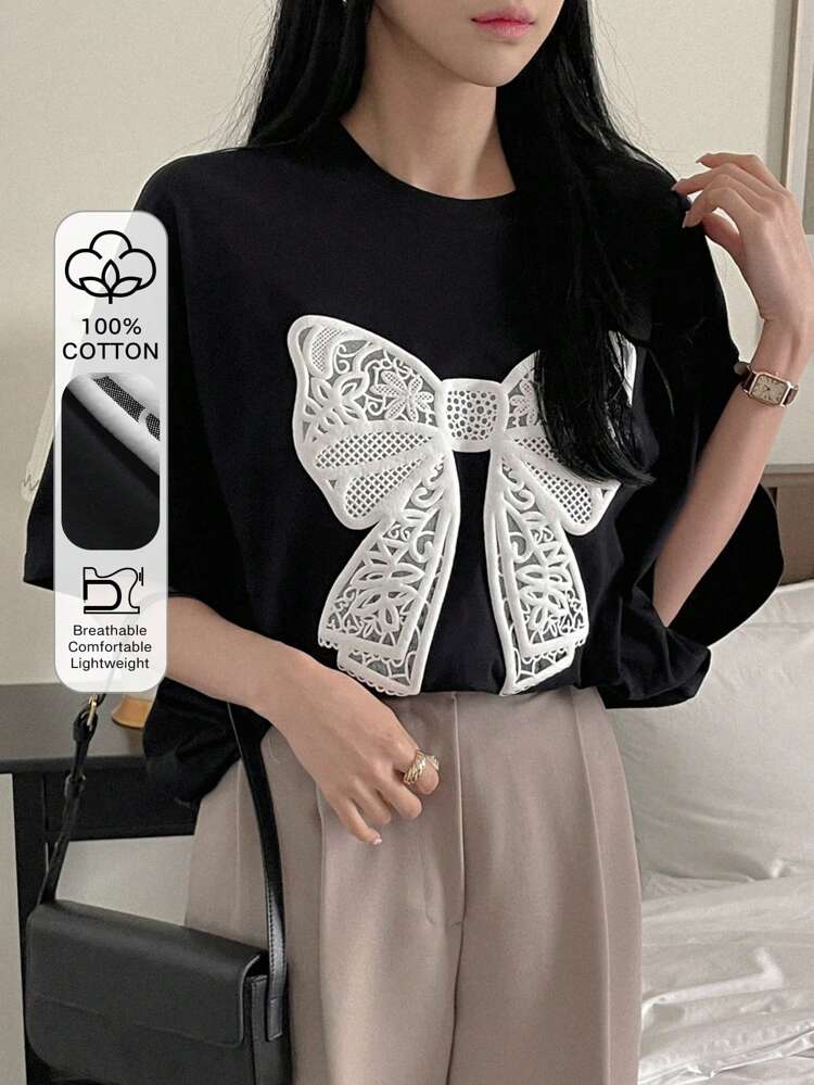 Women's Short Sleeve T-Shirt With Bowknot Design And Round Neck