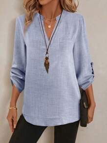 EMERY ROSE 女士春季花卉印花 V 领 3/4 袖工作衬衫 - 灰色 - 查看 6