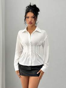Almamuse Petite Women Solid Color Pleated Waist Casual Shirt Fall Cloth For Women - White - View 6