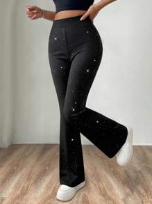 SHEIN LUNE Pantalon évasé avec ceinture à paillettes pour femme - Noir - Voir 5