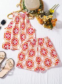 SHEIN Set de 2 piezas de top halter estampado y shorts casuales de estilo de vacaciones de verano para niñas pre-adolescentes, talla grande