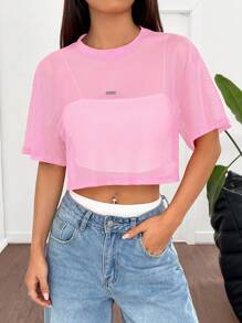 SHEIN EZwear Blusa corta de malla transparente rosa para mujer, de verano - Rosa - Ver 5