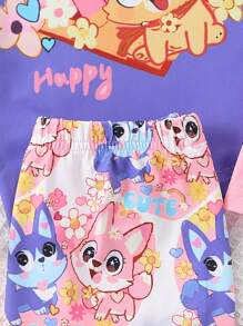 SHEIN 4pcs/Set Girls Cartoon Pattern Crew Neck Top And Long Pants Pajama Set - Multicolor - View 6