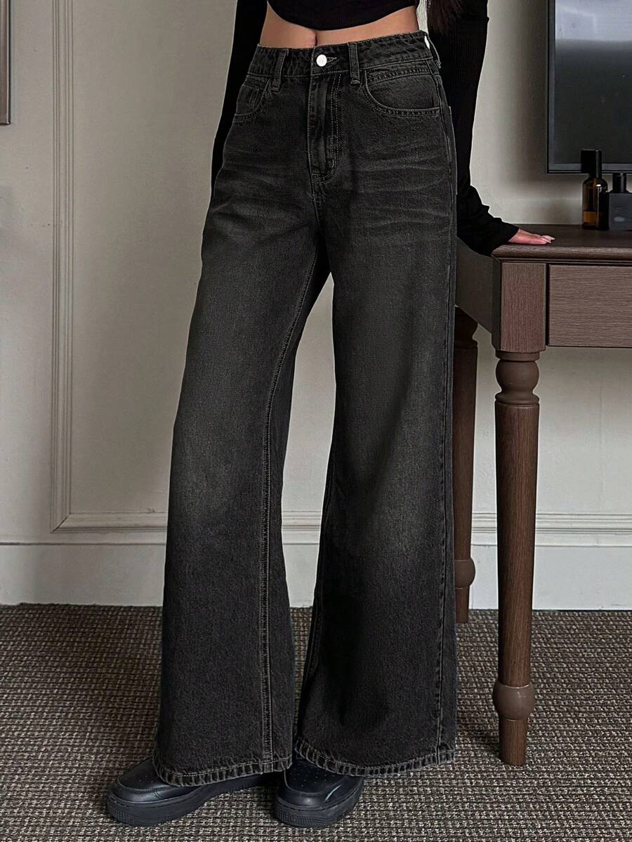 Quần jeans ống rộng dáng casual dành cho nữ, đã qua xử lý giặt. - Màu xám đen - Xem 1
