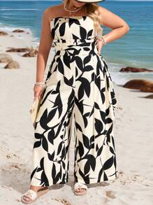 SHEIN VCAY Plus Size Women Black & Beige Tree Leaf Silhouette Print Halter Beachwear Jumpsuit South Beach Outfits Saint-Tropez Outfits Summer Outfits For Women European Summer Western Wear Women Cute Summer Outfits Beach Outfits Boho Women Clothing Vacation Outfits Woman Resort Wear Women Hippie Clothes For Women Easter Outfit Women Rave Outfits Country Concert Outfit Nashville Outfits Coachella Outfits Ibiza Outfits