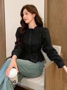 DAZY 女式纯色荷叶边修身长袖衬衫，秋季服装 - 黑色 - 查看 8