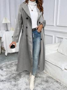 SHEIN Clasi 休闲人字纹粗花呢双排扣大衣，秋冬季女士面料 - 灰色 - 查看 1