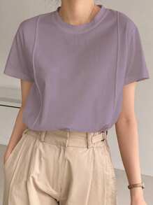 Dazy-Less 女款純色圓領短袖T恤 老錢風 夏季商務休閒 女士上班服 校園穿搭 - 淺灰紫 - 查看 6