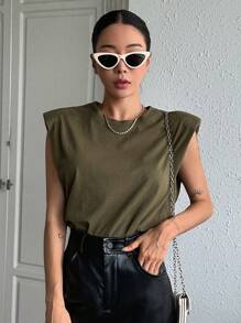 DAZY Solid Shoulder Pad Tee - Army Green - View 3