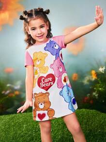 SHEIN X Care Bears Young Girl Colorful Heart And Bear Print Pink And White Cute Sweet Short Sleeve Dress - Multicolor - View 3