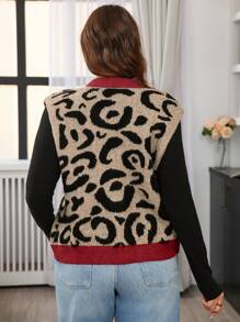 SHEIN Frenchy Plus Size Casual Leopard Print Knitted Sleeveless Open Front Cardigan - Multicolor - View 3