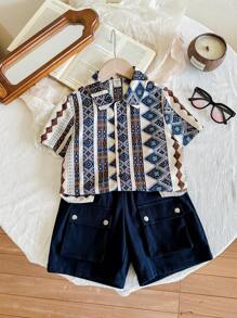 2 件装年轻男童休闲度假风格趣味热带植物复古图案短袖衬衫和工作服口袋宽松短裤两件套，适合春夏季节，适合户外度假、上学、运动和居家穿着 - 彩色 - 查看 5