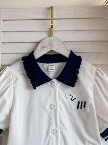 SHEIN 年轻女孩白色灯笼袖可爱刺绣小狗立领纽扣式休闲学院风舒适春夏连衣裙 - 白色 - 查看 4