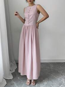 Modelyn Women's Solid Color Round Neck Sleeveless Front Button Simple Casual Dress - Pink - View 2
