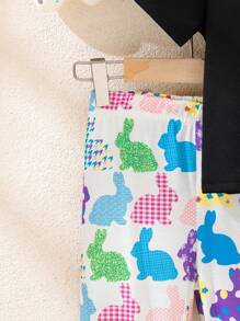 SHEIN Young Girls Casual Style Black Round Neck Rabbit Print Short Sleeve Top + Rabbit Print Pants 2 Pieces Set, New Spring/Summer