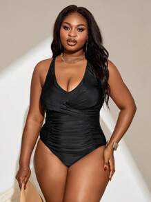 SHEIN Slayr Plus Size Women's Solid Color Halter One-Piece Swimsuit, For Summer Beach Vacation - Black - View 5