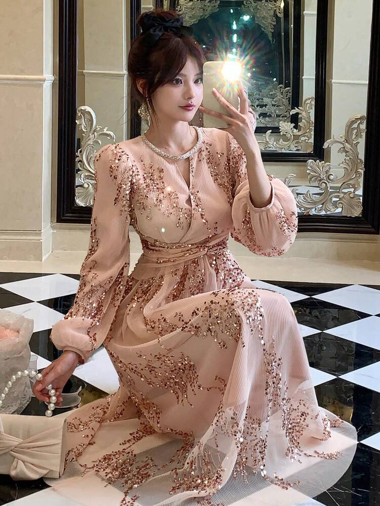 Women's Valentine's Day Sequin V-Neck Crinkle Summer Dress, New Autumn/Winter French Style Rhinestone Long Dress Floral Elegant,Fall Women Clothes Long Sleeve Dress Luxury Prom Dress Sparkly Dress Easter