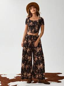 SHEIN LUNE 2pcs Black Floral Summer Boho Vacation Holiday Western American Countryside Print Set,Ladies Chic Hippie Clothes,Women Bohemia Two Pieces Set - Black - View 7