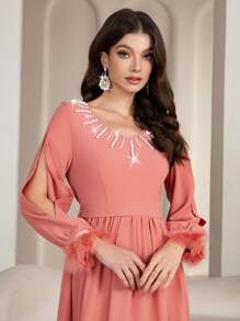 Modelyn Women's Pearl Decor Cinched Waist Flared Dress For Parties - Orange - View 7