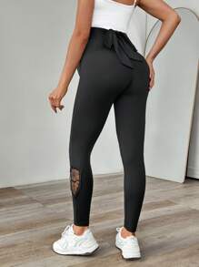 SHEIN Maternity Back Knotted Floral Embroidery Mesh Leggings - Black - View 1