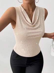 SHEIN Clasi Ladies' Solid Color Rhinestone Embellished Elegant Scoop Neck Tank Top