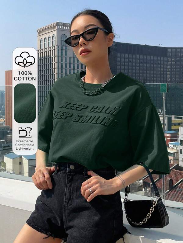 DAZY Slogan Pattern Drop Shoulder Tee KEEP CALM KEEP SMILING Oversized T-Shirt