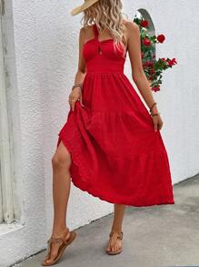 Breezaya Women's Solid Color Sleeveless Ruffle Hem Vacation Dress - Red - View 5