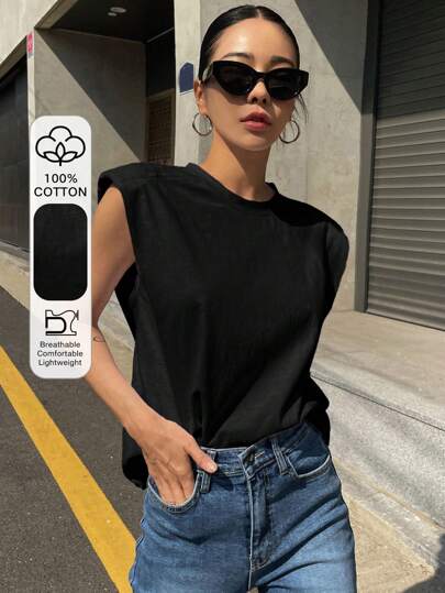 DAZY Solid Shoulder Pad Tee Y2k