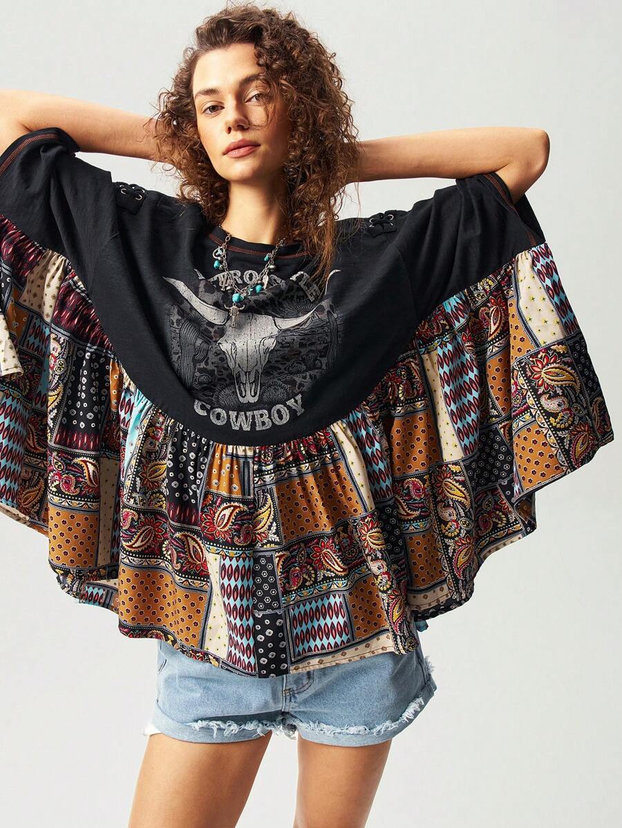 Bohemela 针织上衣和梭织下装拼布女式 T 恤 - 黑色 - 查看 1