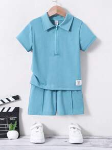SHEIN Young Boy Short Sleeve Casual Polo Shirt With Alphabet Applique + Shorts Two Pieces Set