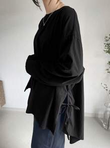 FRIFUL Women's Casual Solid Color Round Neck Dropped Shoulder Long Sleeve Side Slit Hem T-Shirt, Autumn - Black - View 2