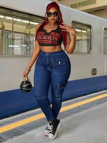 SHEIN SXY Plus Size Women Elastic Fashion Pocket Skinny Jeans - Blue - View 6