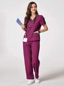 TaskEZ Conjunto de uniforme de enfermería con blusa de cuello en V de manga corta y pantalones en bloques de color para mujer